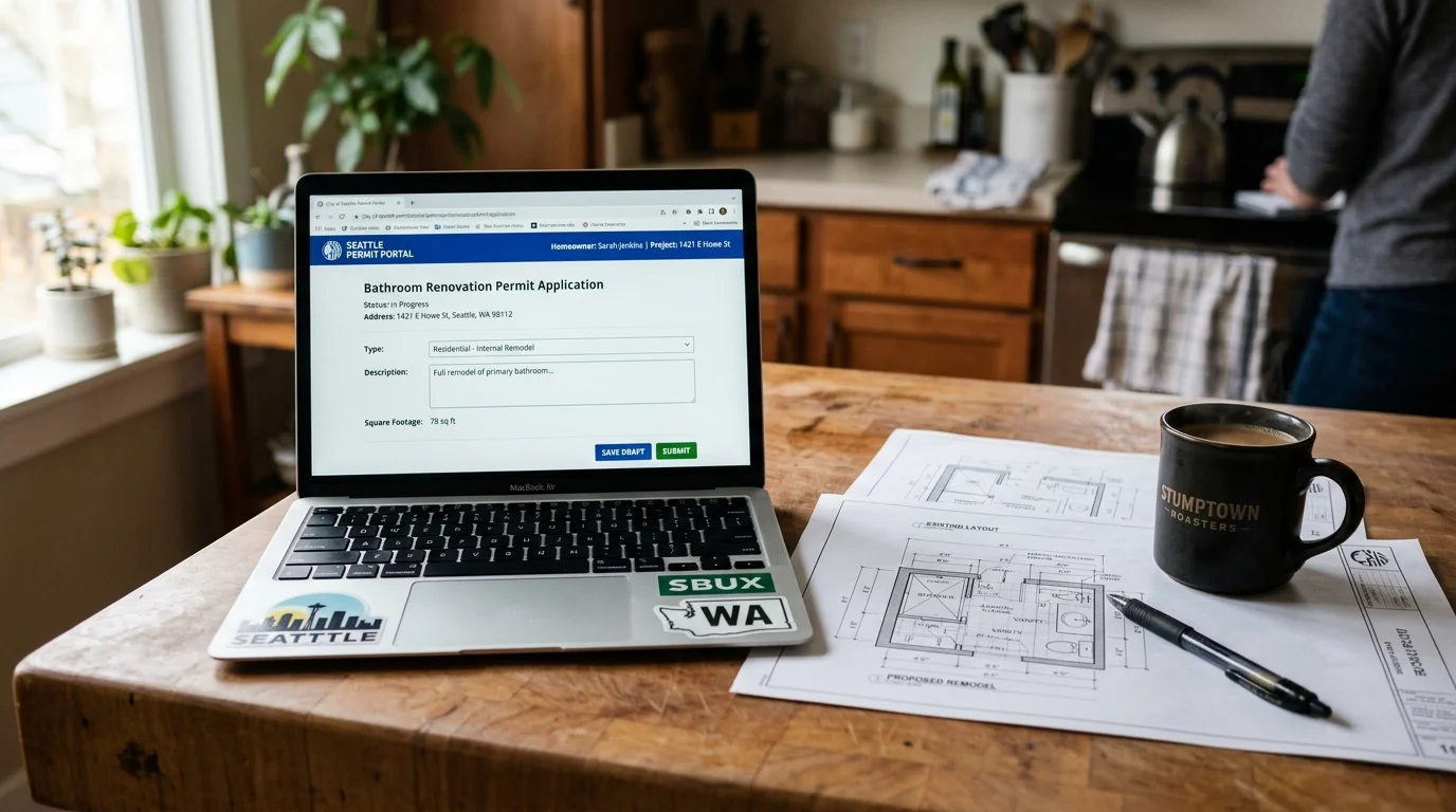 Homeowner using an online portal with bathroom plans spread on the counter