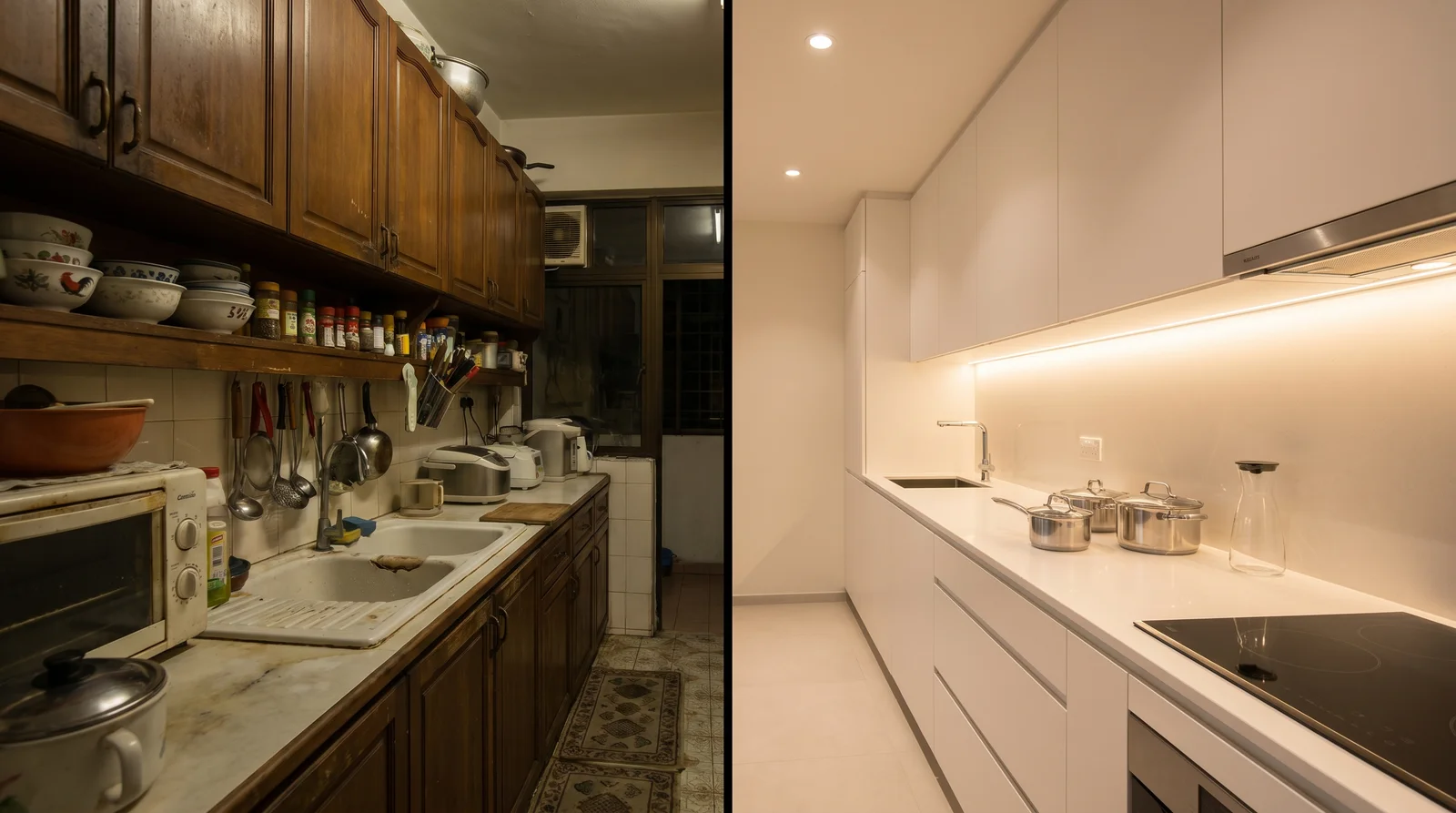 Before and after view of a Seattle galley kitchen remodel