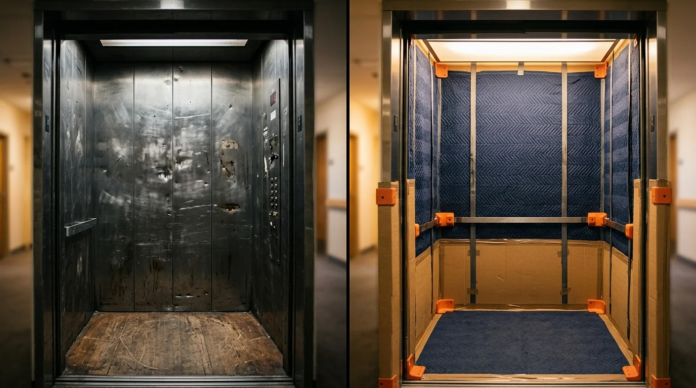 Protected versus unprotected elevator interiors during condo remodeling