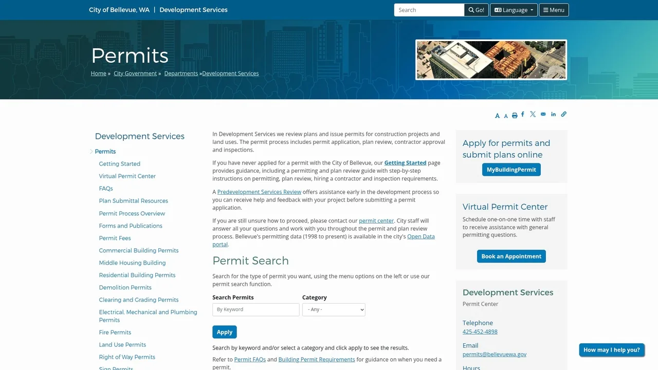 City of Bellevue Development Services permits webpage