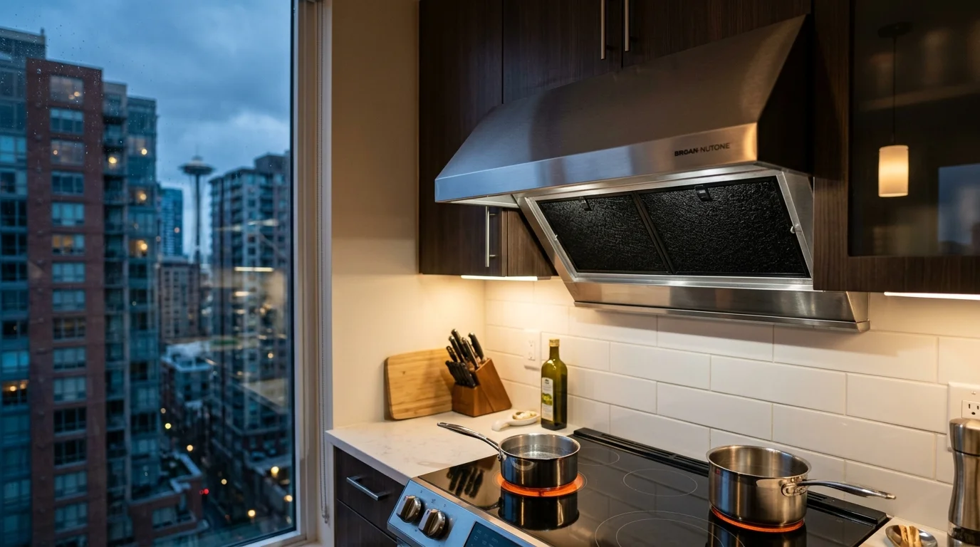 Small Seattle condo kitchen with a ductless range hood over the cooktop