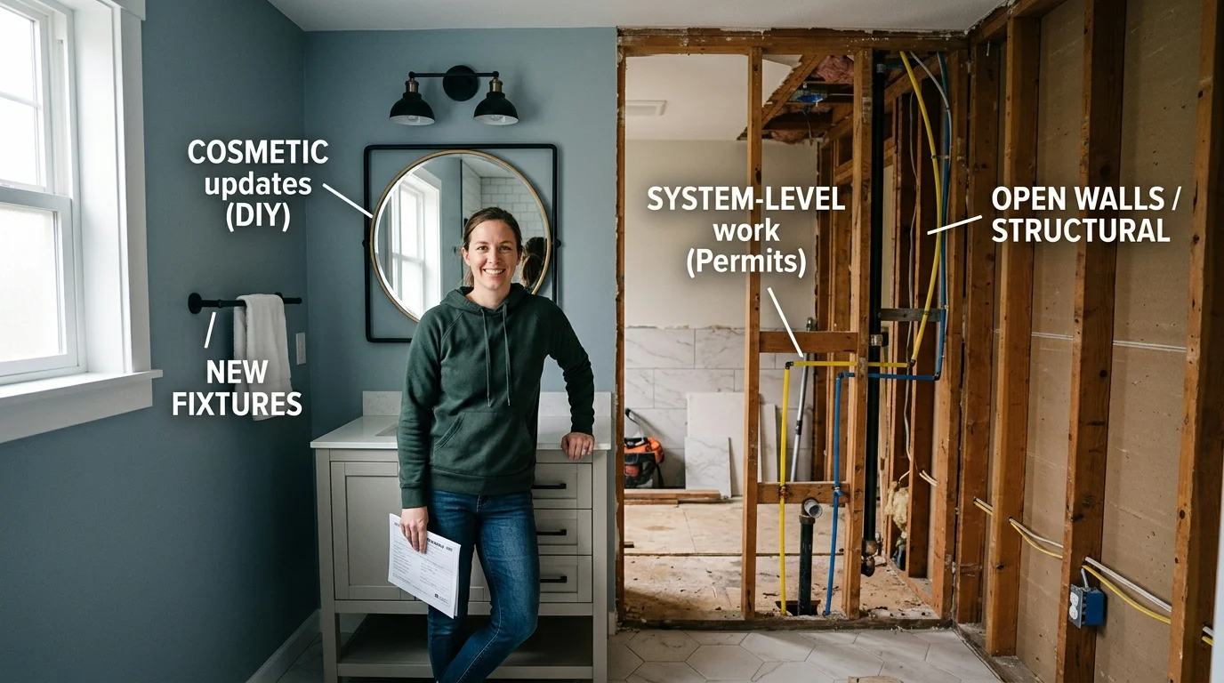 Partially remodeled Seattle bathroom showing cosmetic updates versus exposed plumbing and electrical work