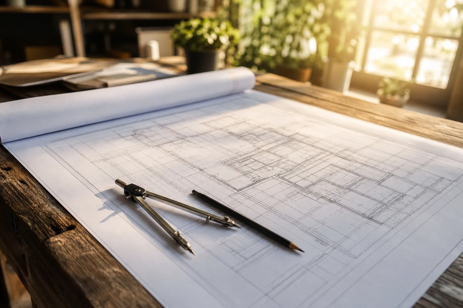 Architectural blueprint and planning tools on a wooden table bathed in morning light