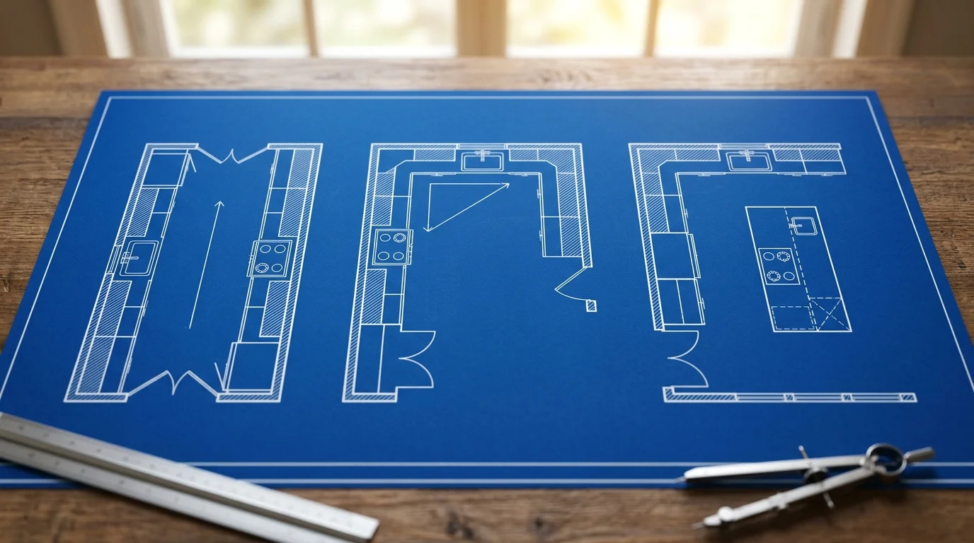 Overhead view of three kitchen layout types showing linear, L-shaped, and island configurations