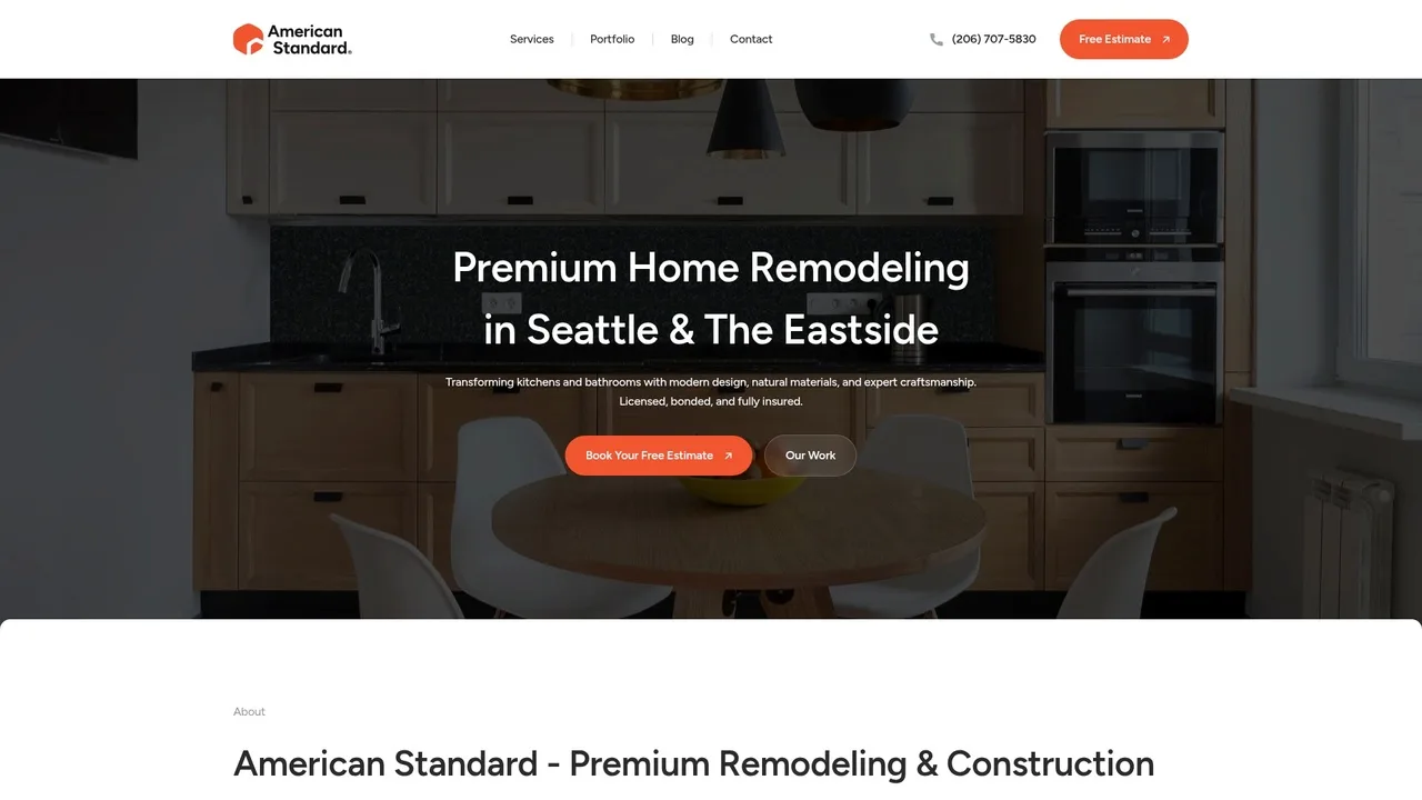 PNW Standard Remodel homepage showing portfolio of Kirkland kitchen projects, client testimonials, and service areas