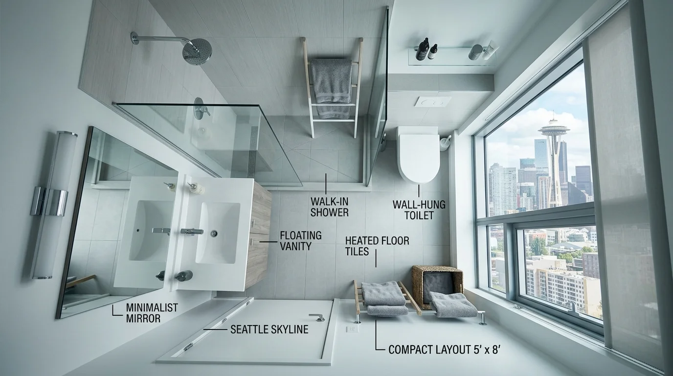Small modern downtown Seattle condo bathroom efficiently using a tight 5-by-8 layout