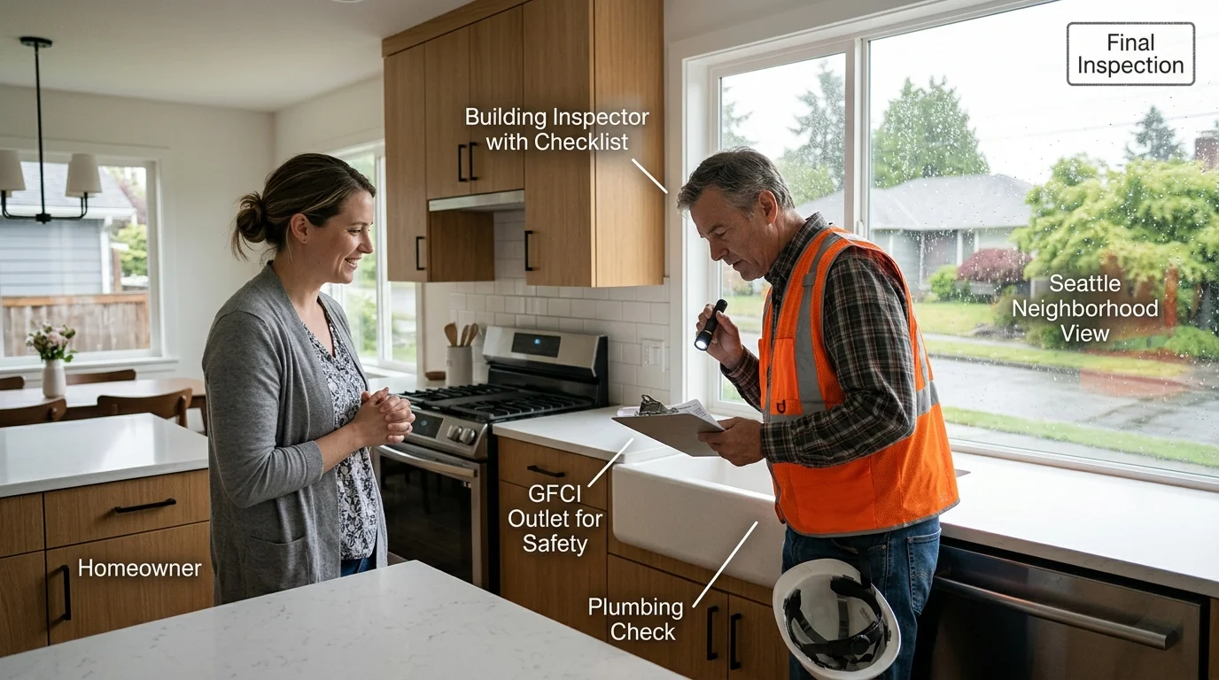 Inspector reviewing a finished Seattle kitchen remodel for final inspection compliance.