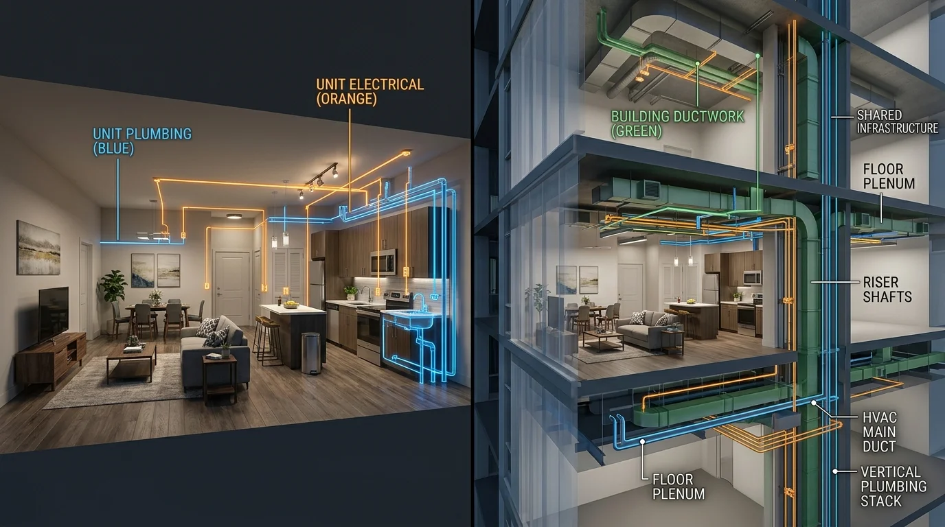Visualization of shared building systems and interconnected infrastructure in a condo unit