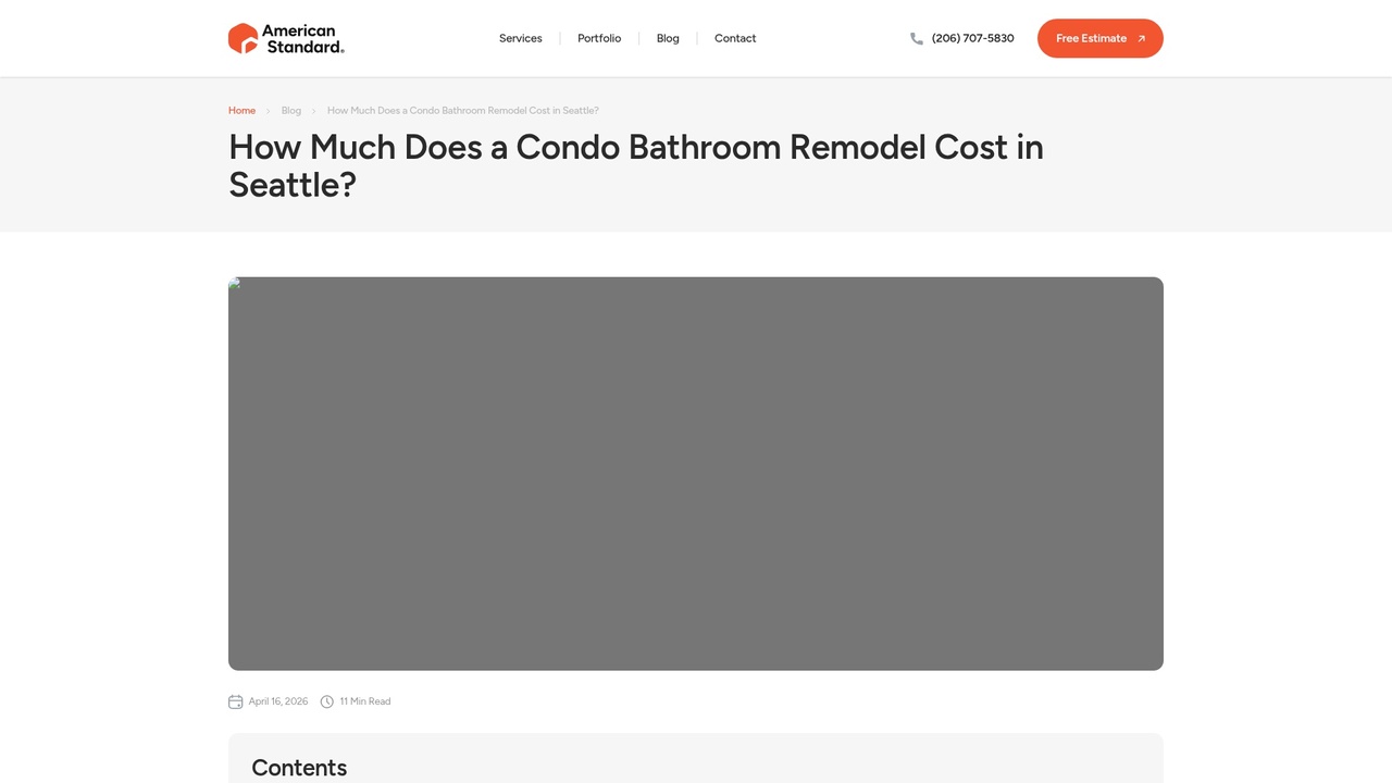 Screenshot of a Seattle condo bathroom remodel cost guide on a contractor website