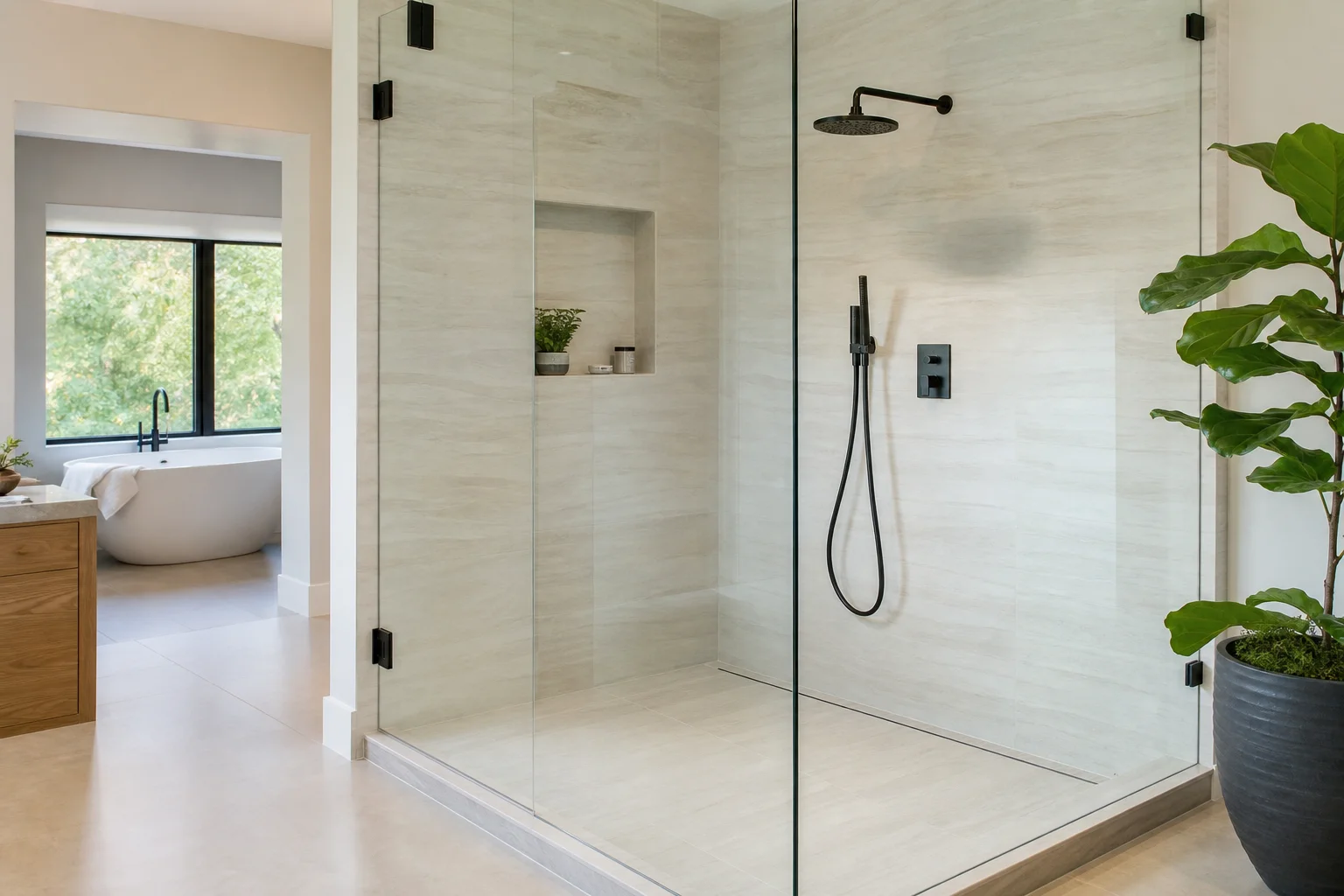 Modern frameless glass shower enclosure