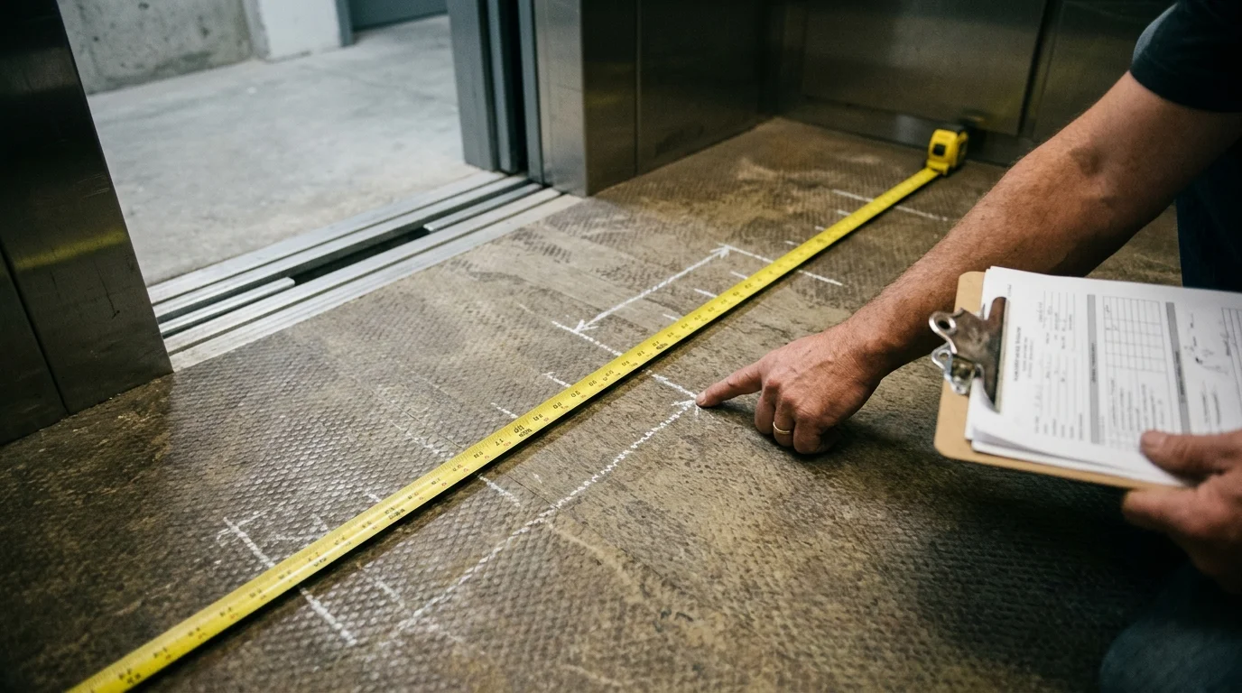 Elevator floor with measurement tape showing precise dimensions for condo remodel planning
