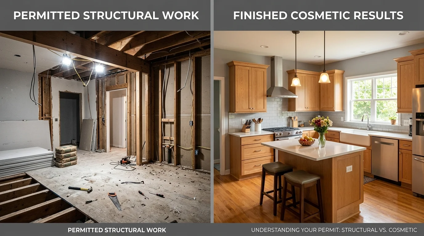 Split-screen comparison of kitchen remodel before structural work and after completion, illustrating the difference between permitted structural changes and finished cosmetic updates