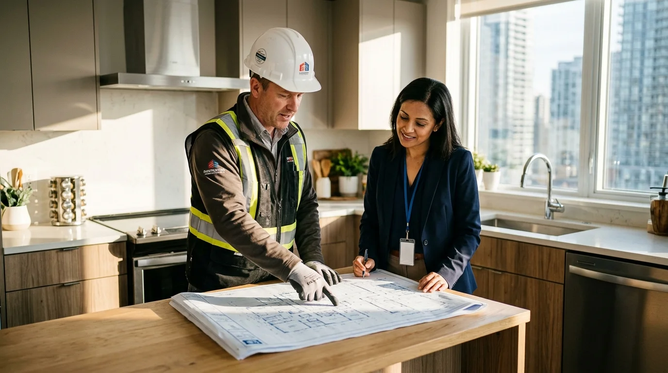 Contractor and building manager reviewing condo remodel plans during pre-project walk-through