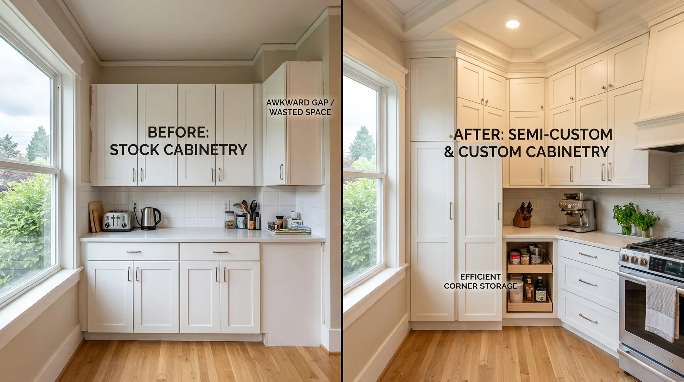 Comparison of stock versus semi-custom and custom cabinets in a compact Seattle kitchen.