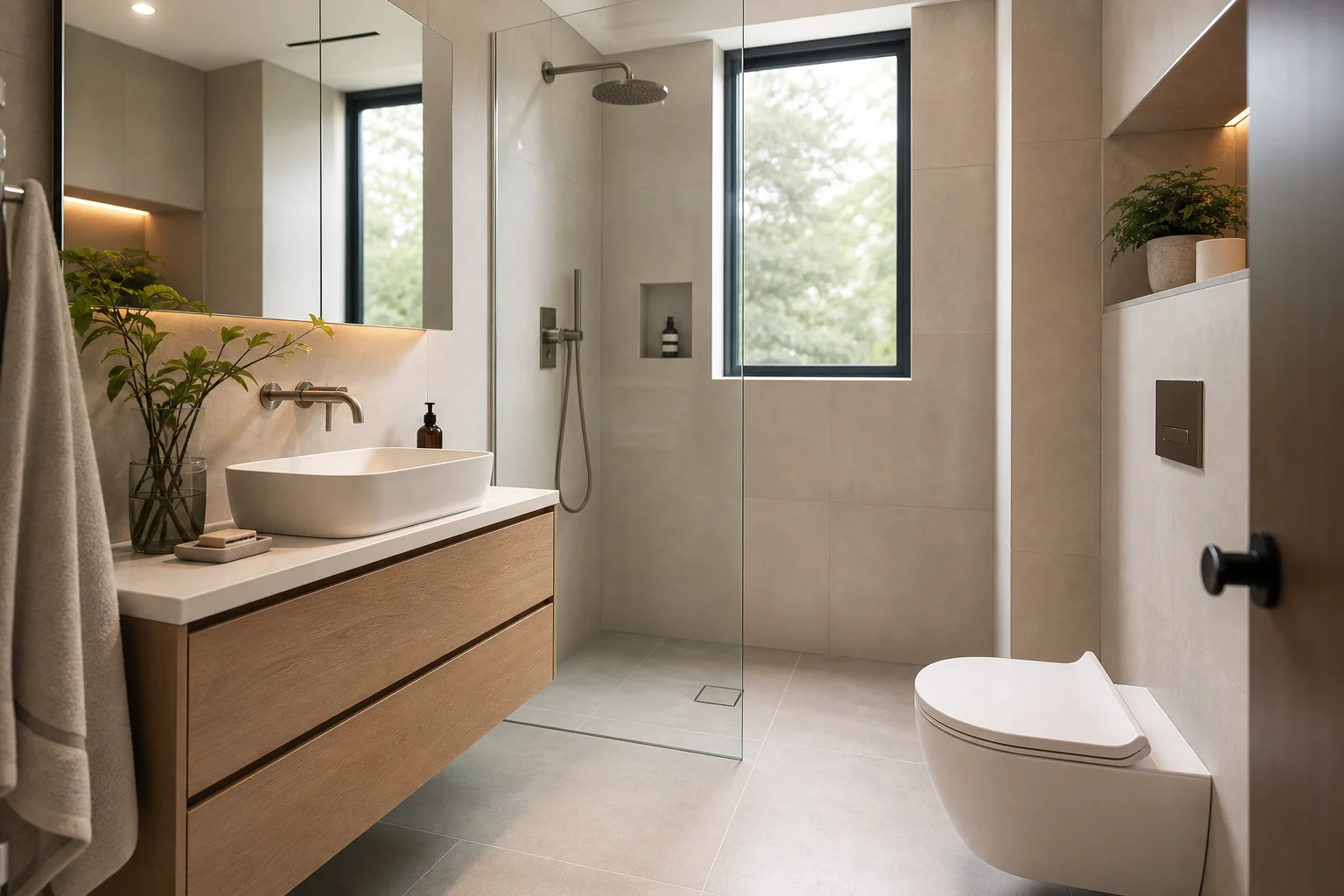 Modern small bathroom with frameless glass shower and floating vanity in Kirkland, WA