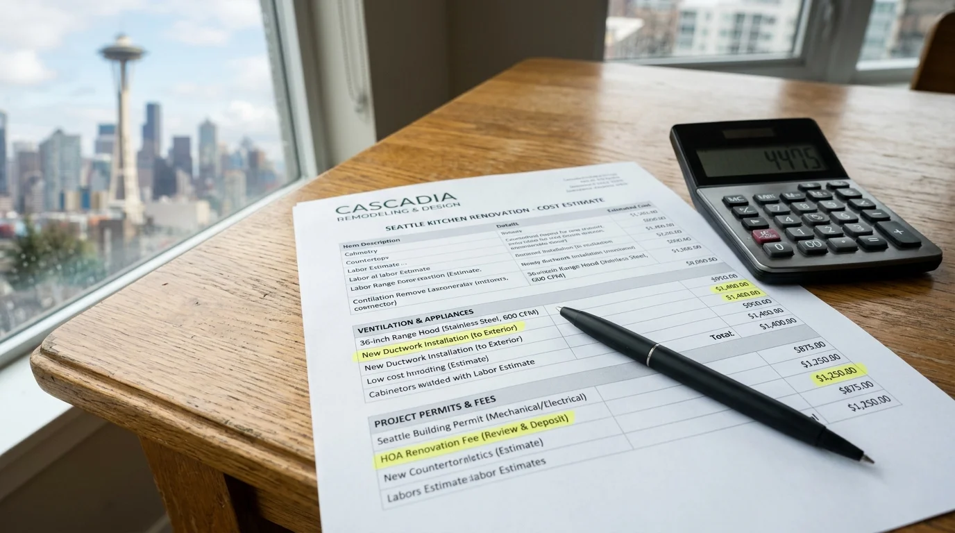Detailed kitchen ventilation cost estimate with calculator and notes on a condo table