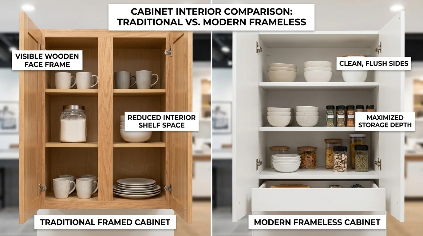 Comparison of frameless cabinet interior space versus traditional framed cabinet design