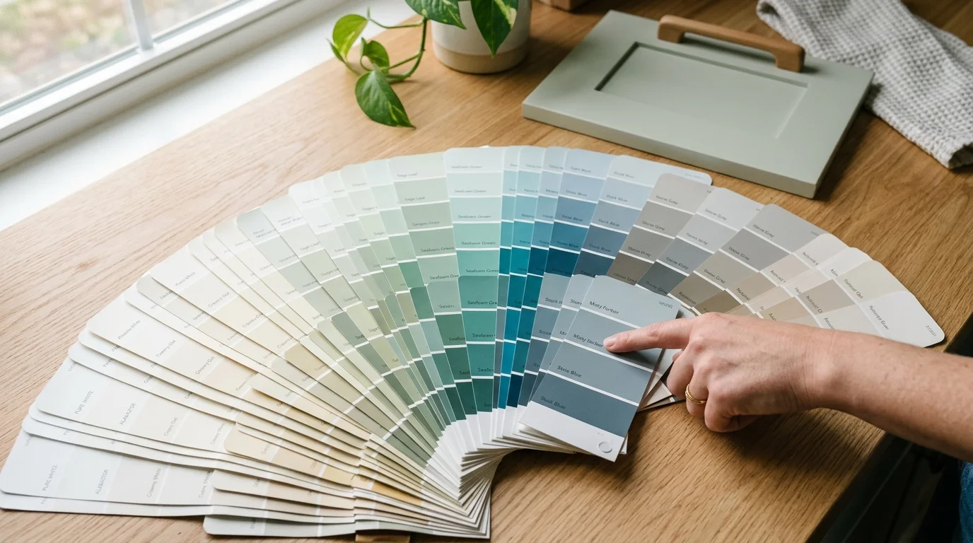 Paint color swatches fanned out showing the full spectrum of cabinet painting options