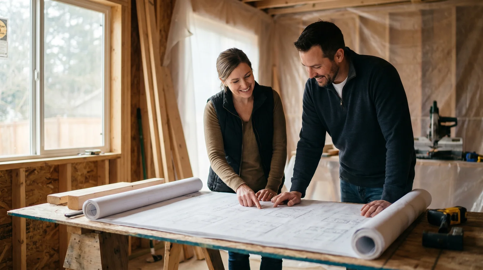 Contractor and homeowner reviewing kitchen remodel plans in Redmond