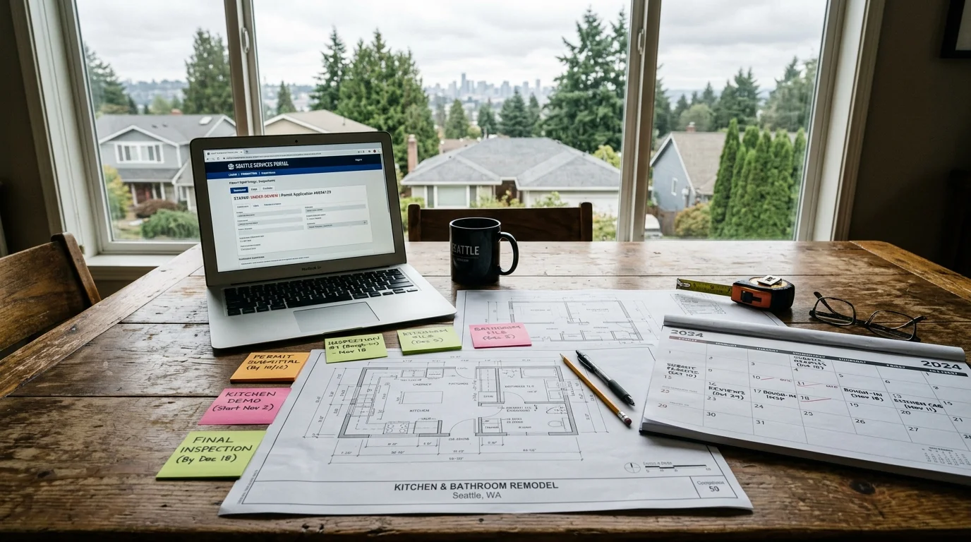 Remodel plans and permit scheduling materials laid out for a Seattle kitchen and bathroom project.
