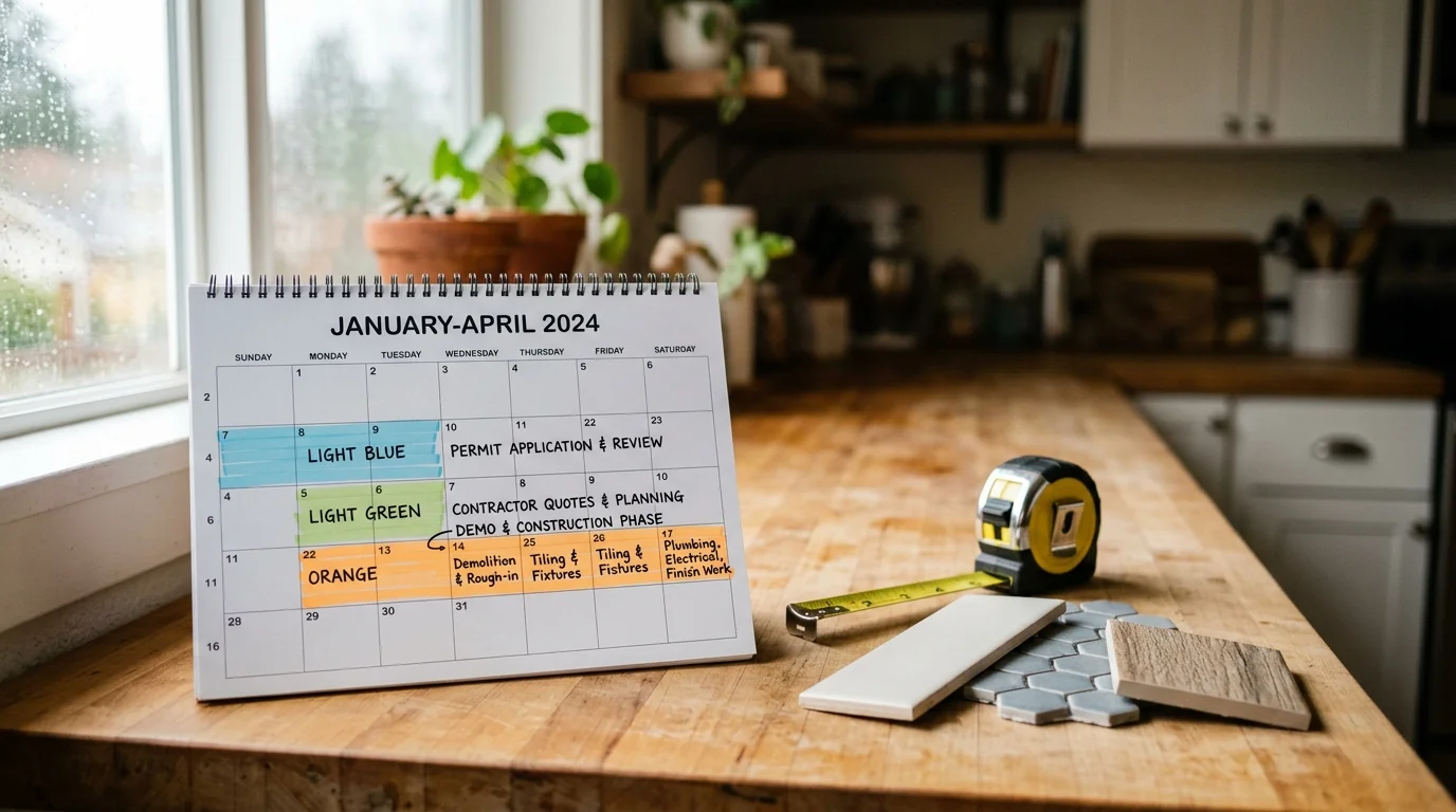 Calendar with weeks highlighted next to bathroom material samples