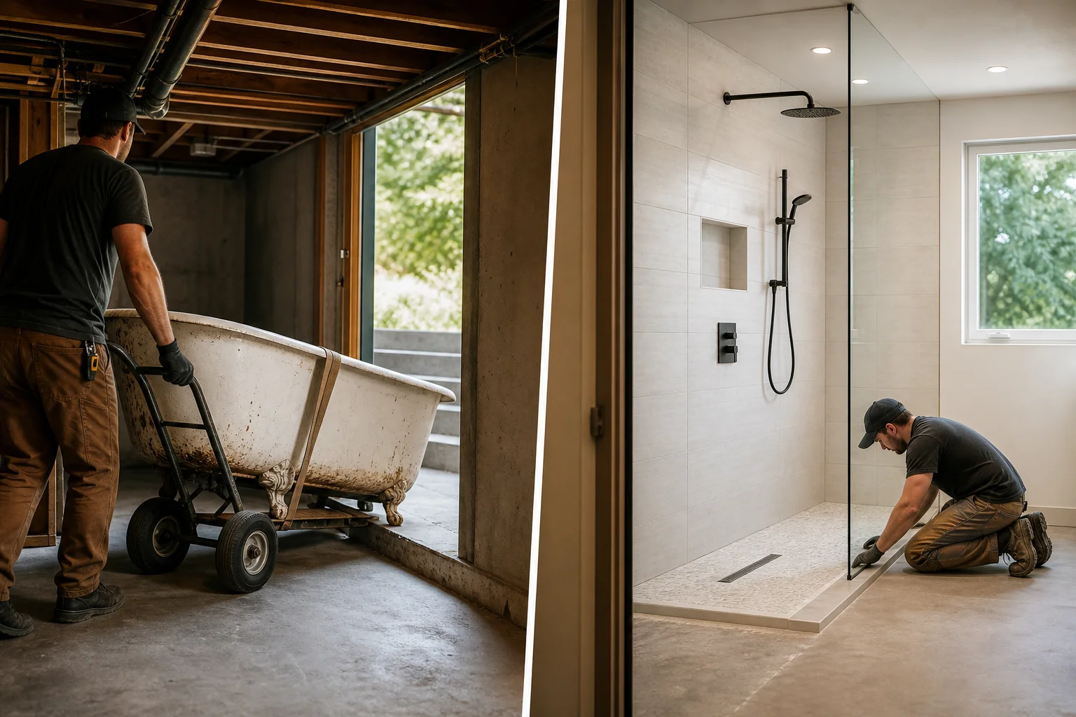 Before and after comparison of tub removal and walk-in shower installation in Seattle remodel