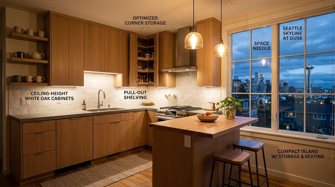 Finished small Seattle kitchen with frameless white oak cabinets and efficient storage solutions.