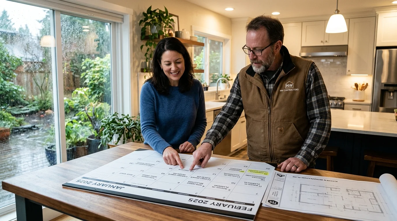 Homeowner and contractor planning cabinet lead times on a calendar with kitchen plans.