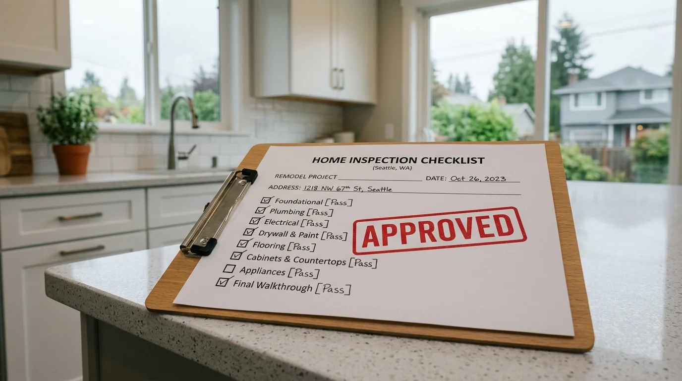 Approved inspection checklist in a finished Seattle remodel kitchen.