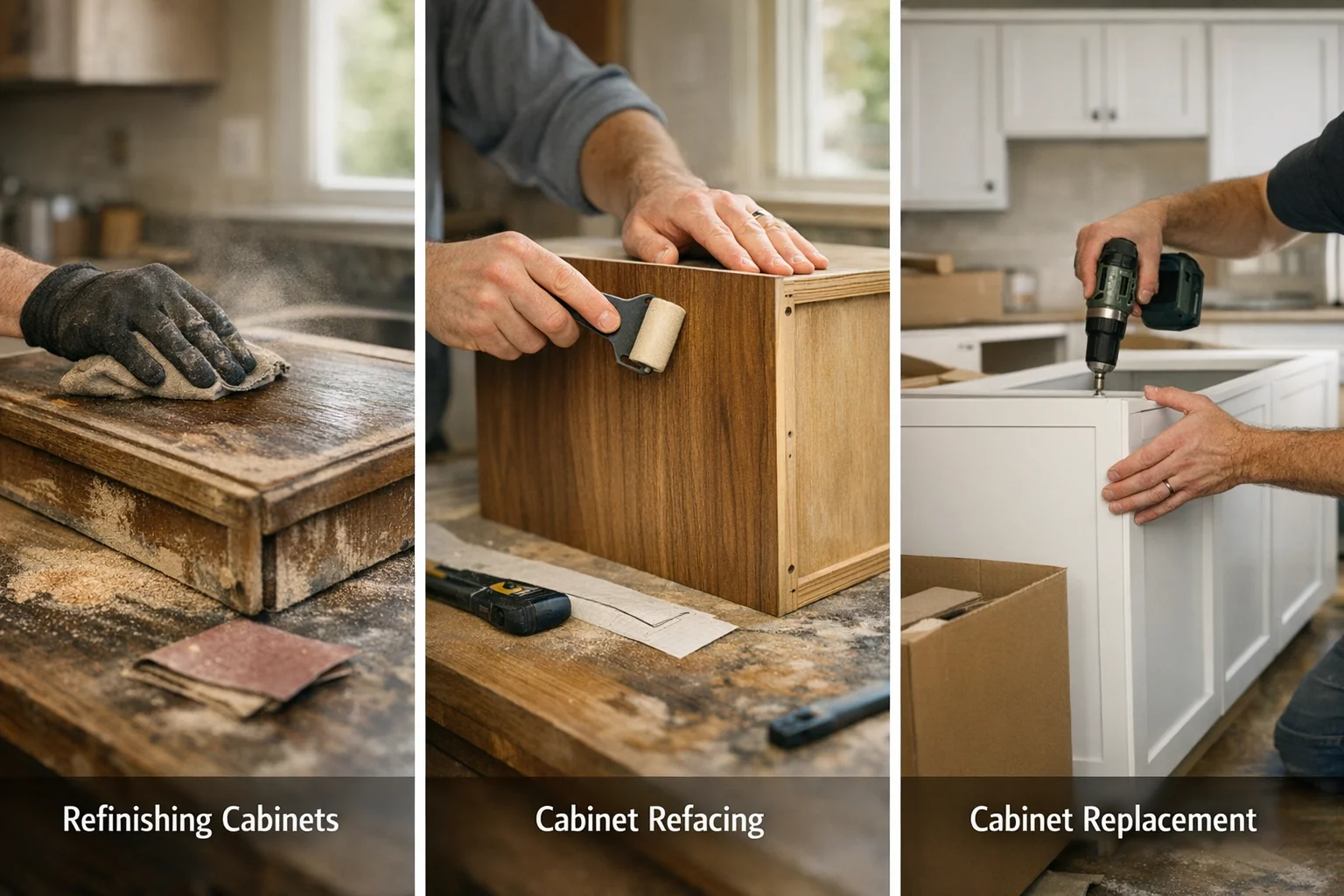 Visual comparison of cabinet refinishing, refacing, and replacement processes side by side