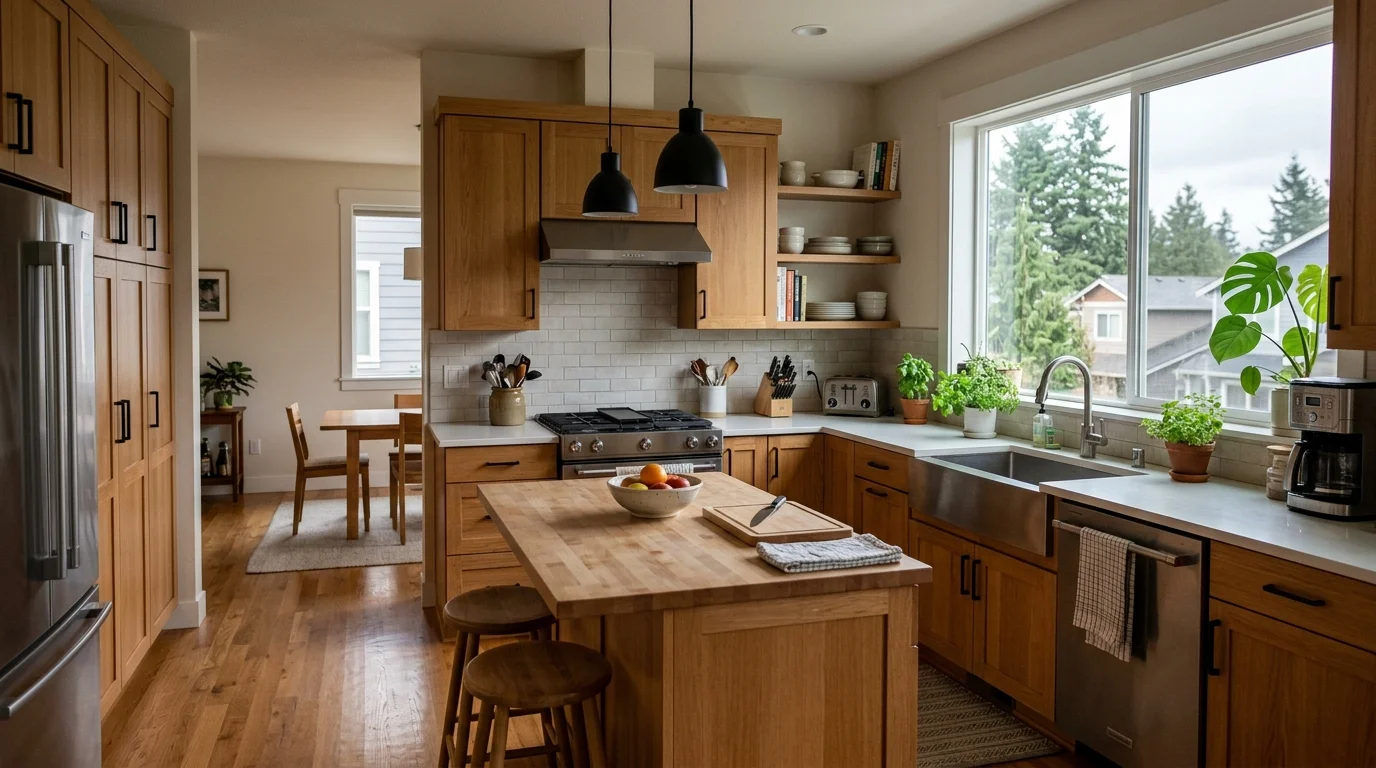 Semi-custom cabinets in a standard L-shaped Seattle kitchen with an island and quartz countertops.
