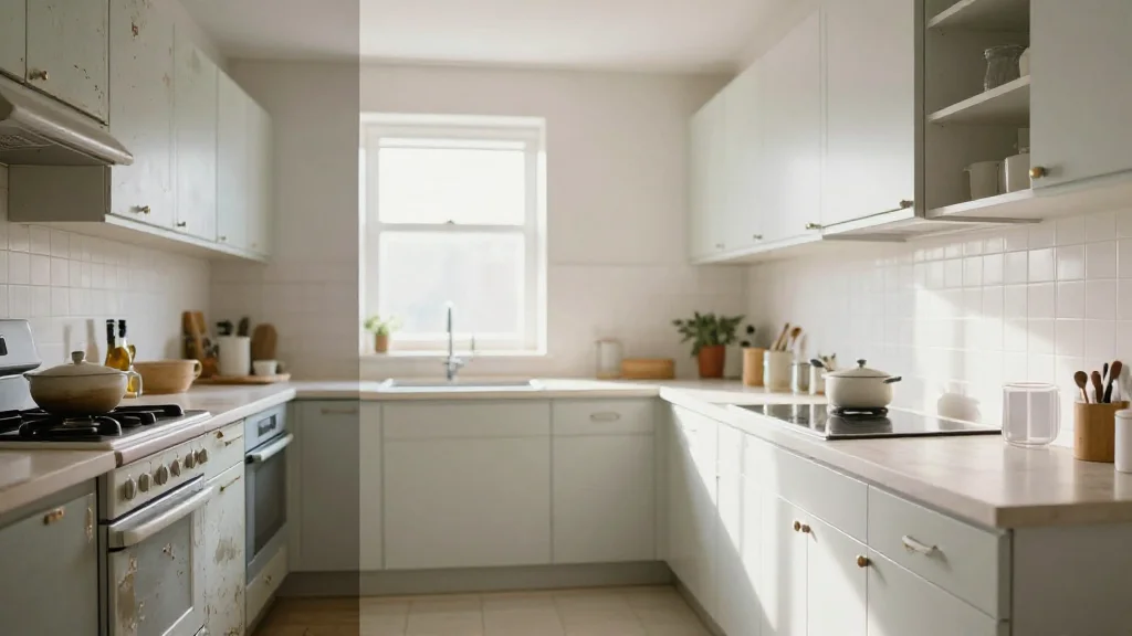 Before and after of a Seattle kitchen refresh showing dramatic transformation at lower cost