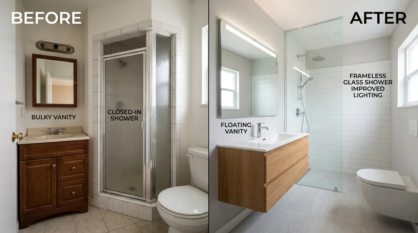 Side-by-side comparison of a condo bathroom before and after layout optimization without moving plumbing