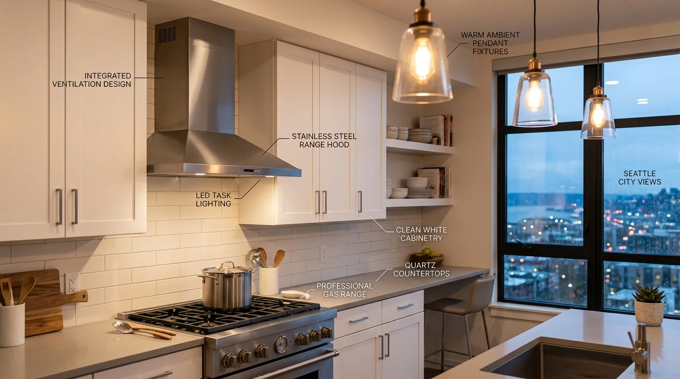 Modern Seattle condo kitchen with a sleek range hood as a focal design element
