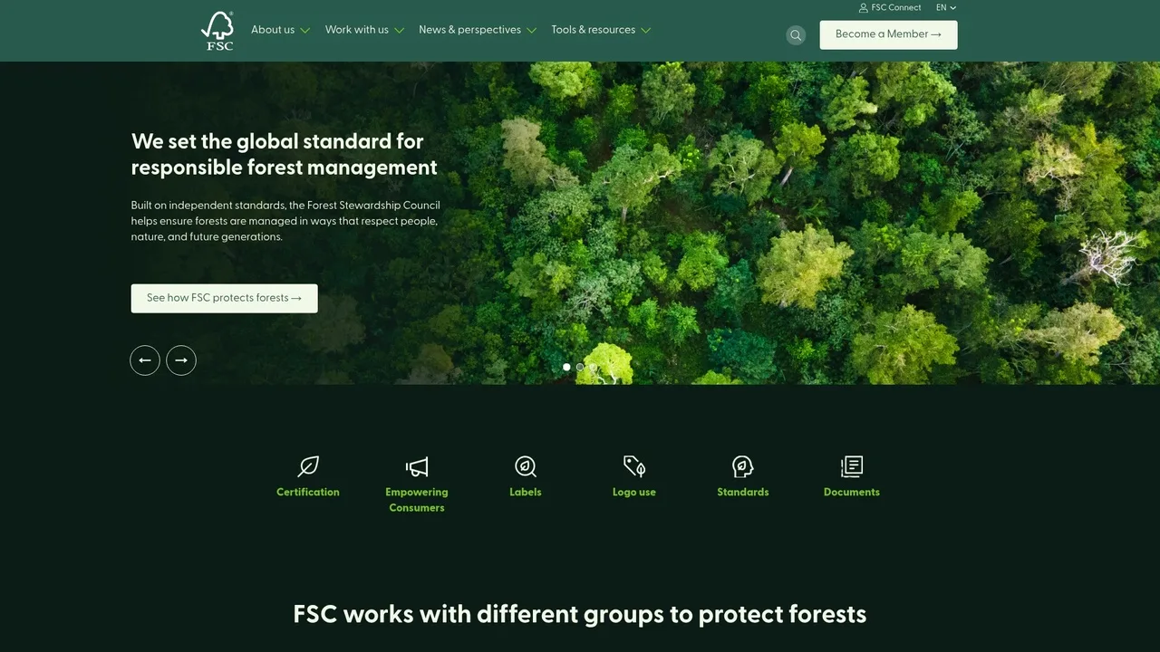 FSC certification logo and sustainable wood sourcing standards on FSC website
