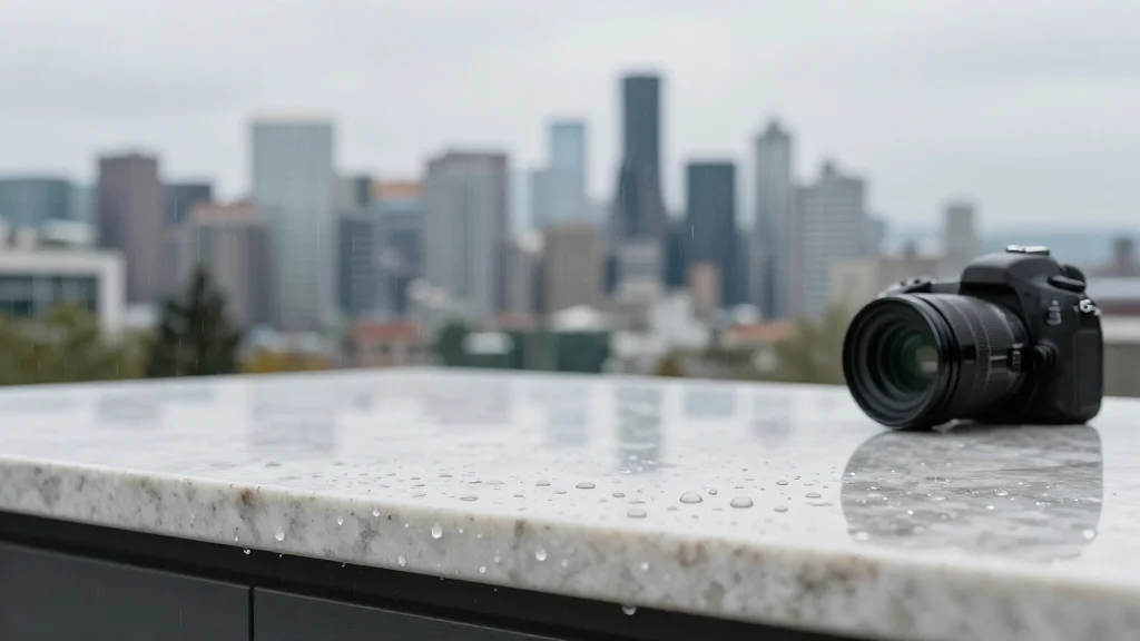 Water beading on quartz countertop with Seattle skyline, showing moisture resistance