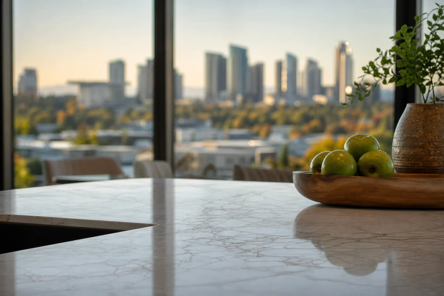 Modern quartzite kitchen countertop in Kirkland home with Bellevue skyline view