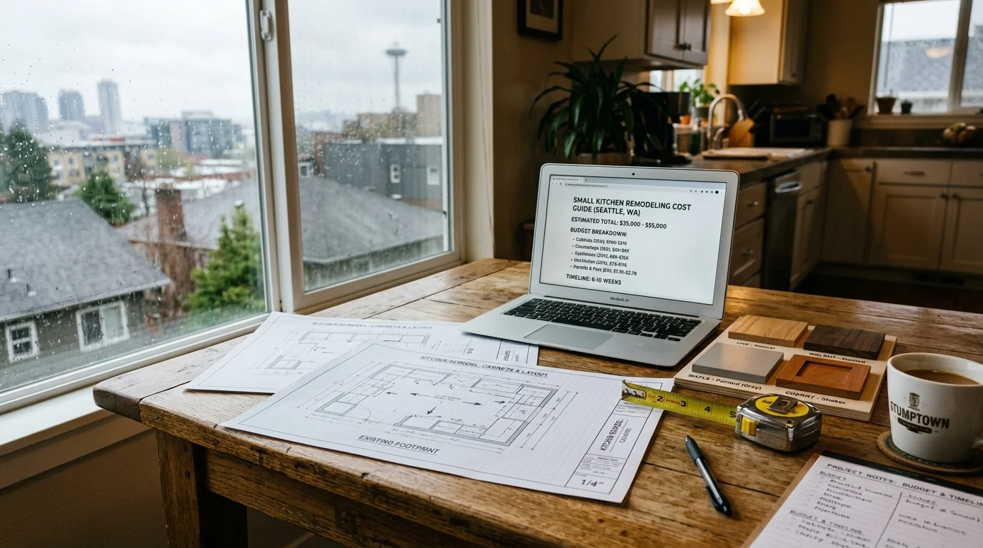 Seattle homeowner reviewing cabinet plans, finish samples, and cost estimates for a small kitchen remodel.