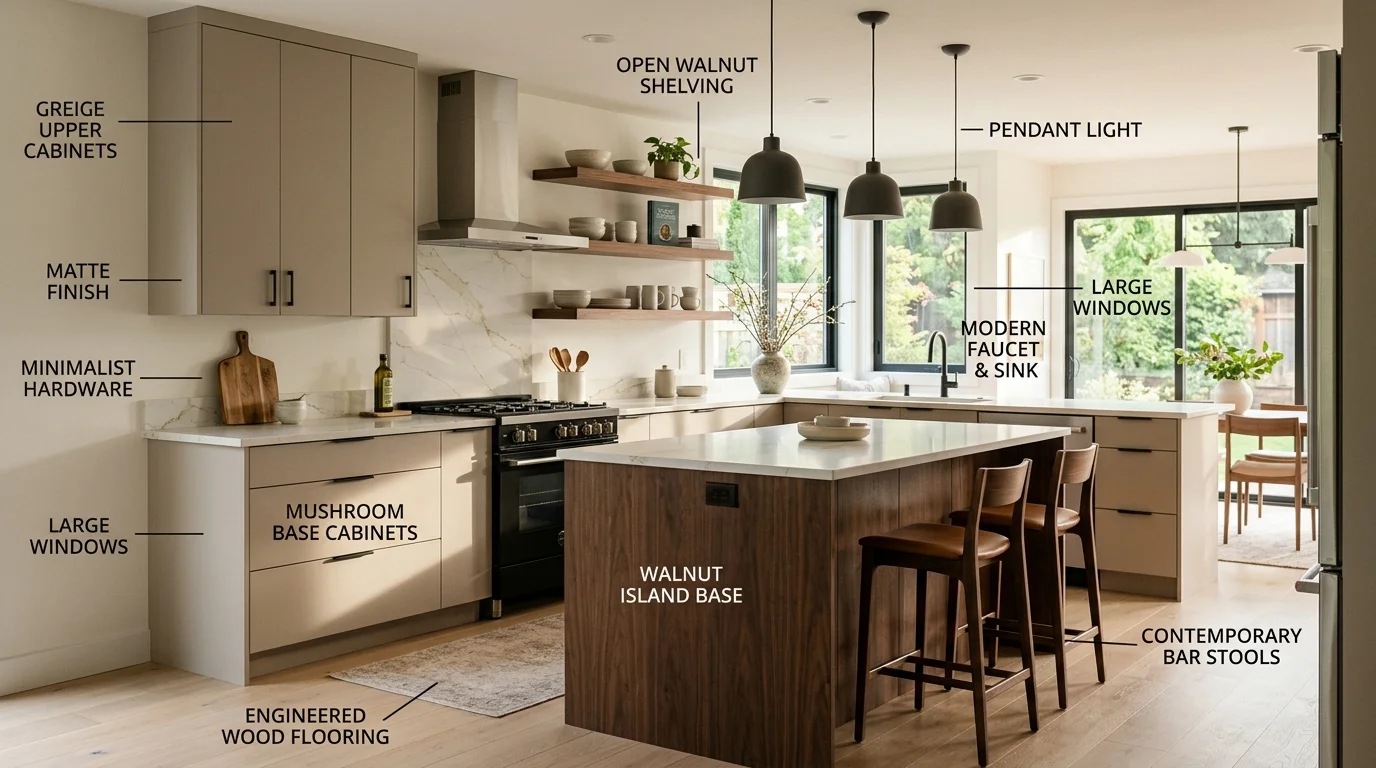 Modern Bellevue kitchen with warm neutral cabinet finishes and two-tone design