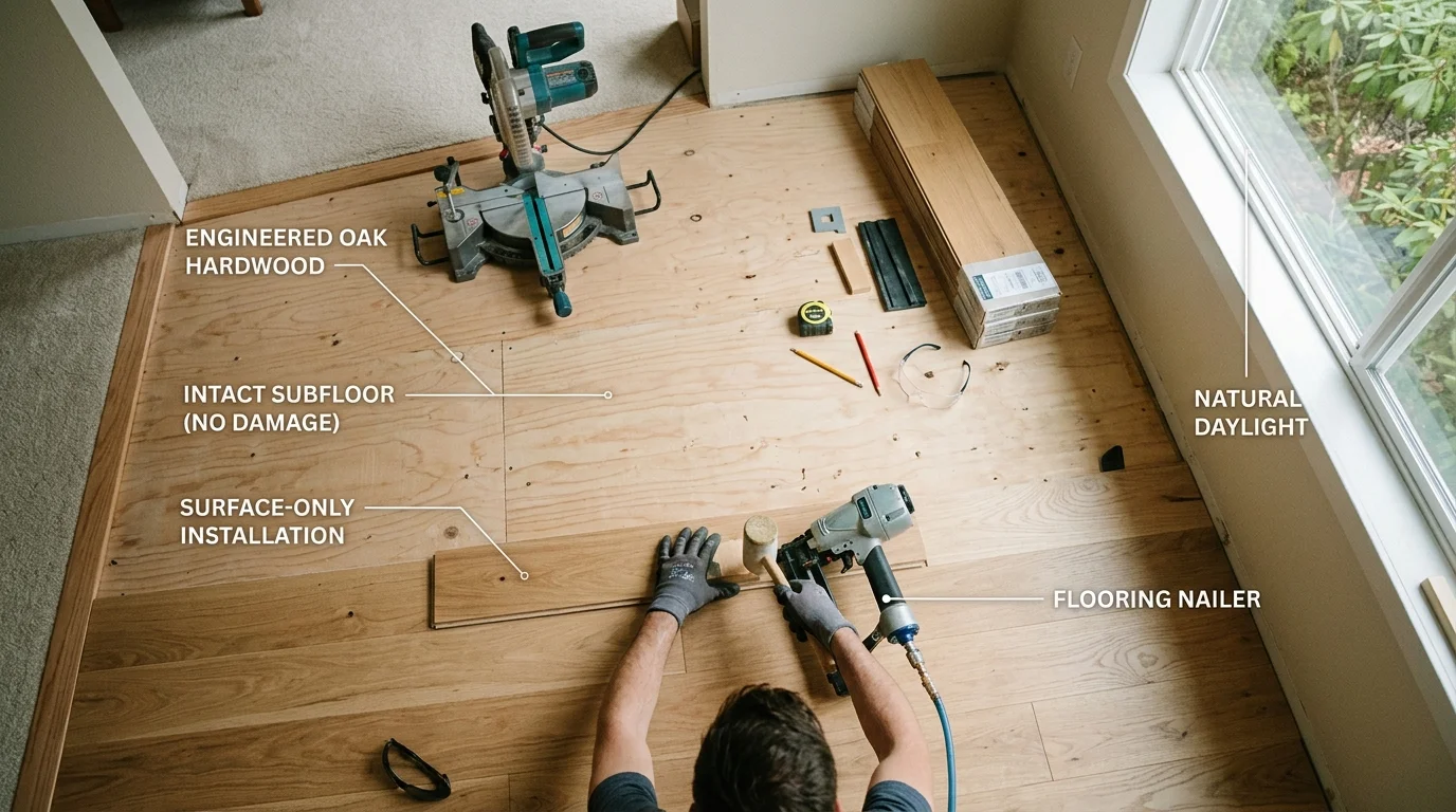 Homeowner installing new hardwood flooring over an existing sound subfloor