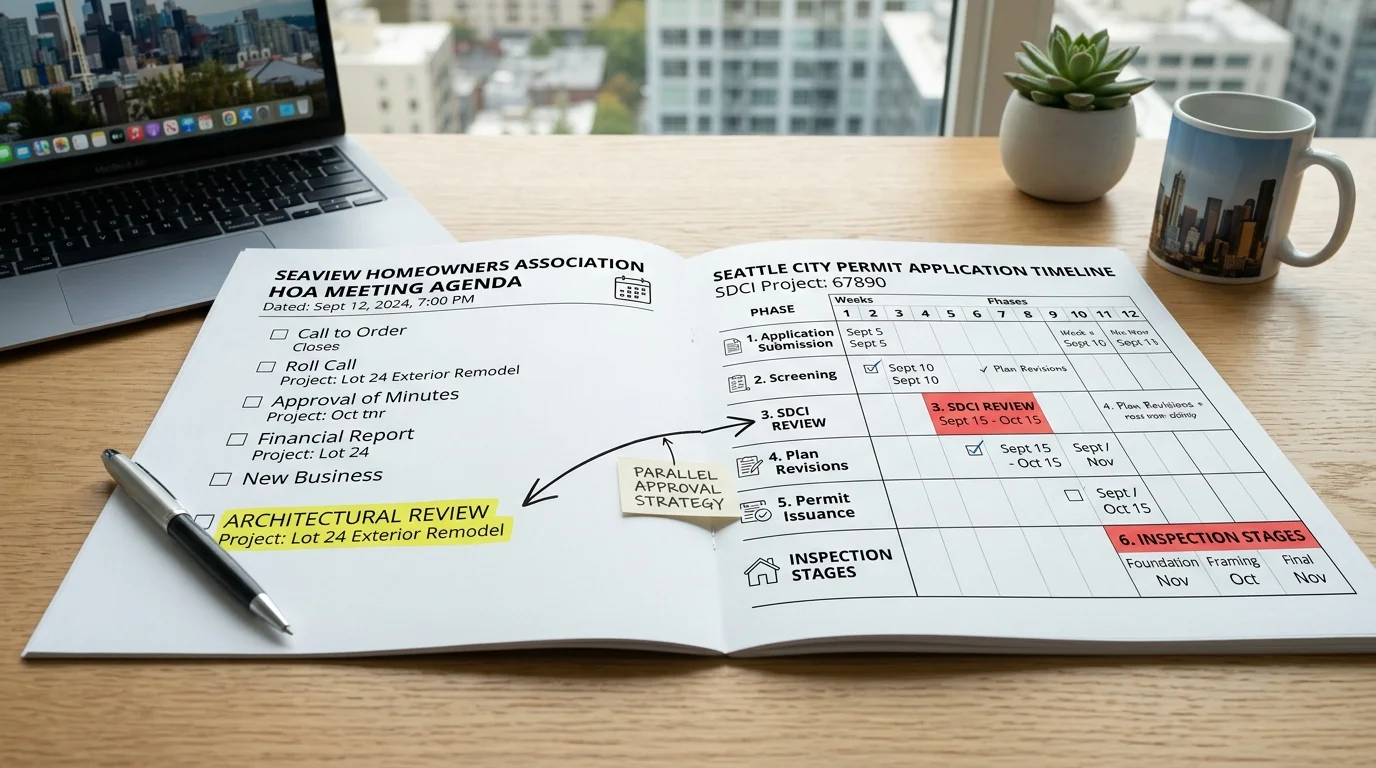 Visual timeline showing parallel HOA and city permit approval processes