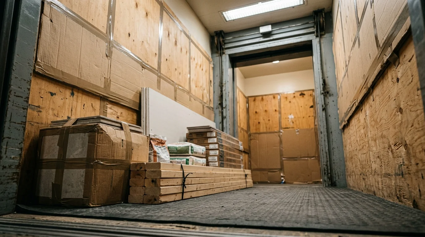 Protected freight elevator with cardboard and plywood protection for condo remodel materials