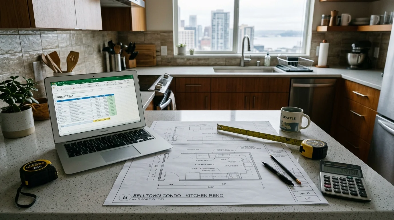 Belltown condo kitchen countertop covered with plans and laptop for remodel budgeting