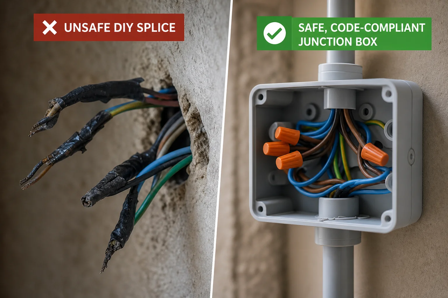 Comparison of messy DIY wiring and professional electrical work