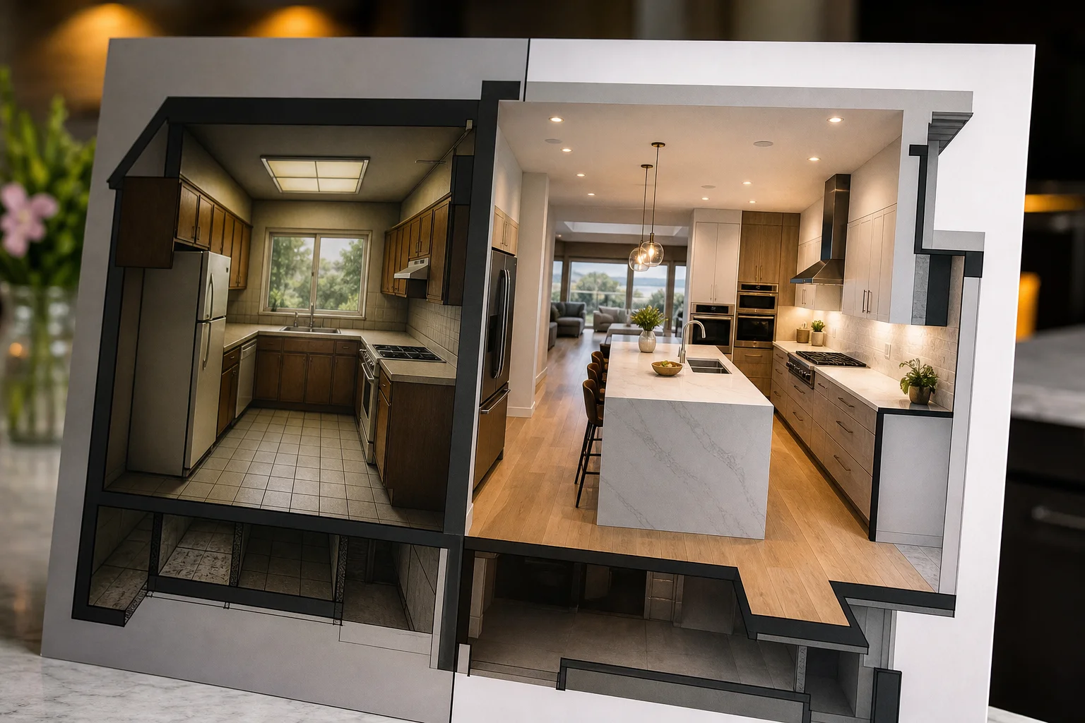 Before-and-after kitchen layout comparison showing transformation from 1990s design to modern 2026 open concept