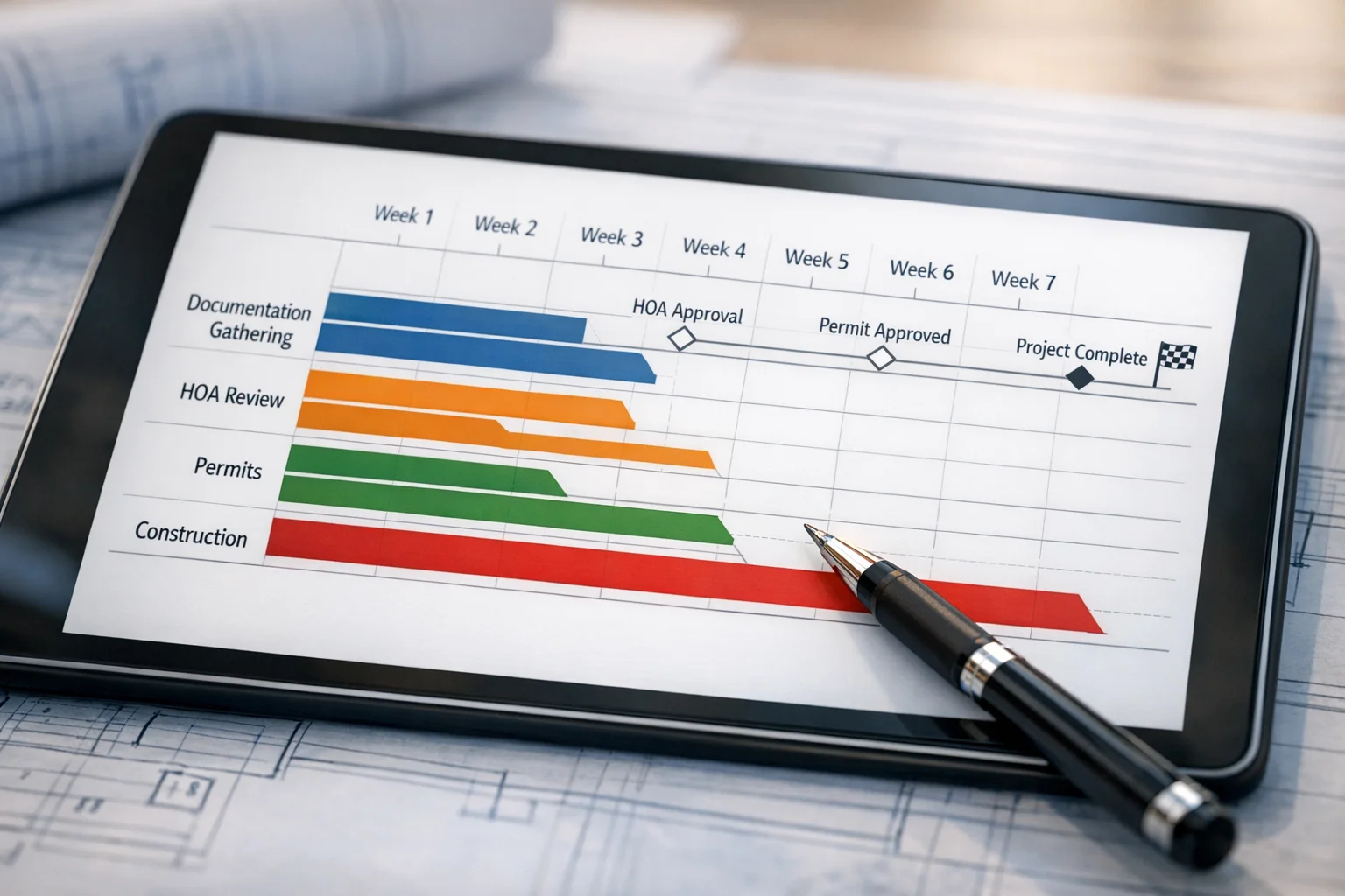 Project timeline visualization showing overlapping approval, permit, and construction phases