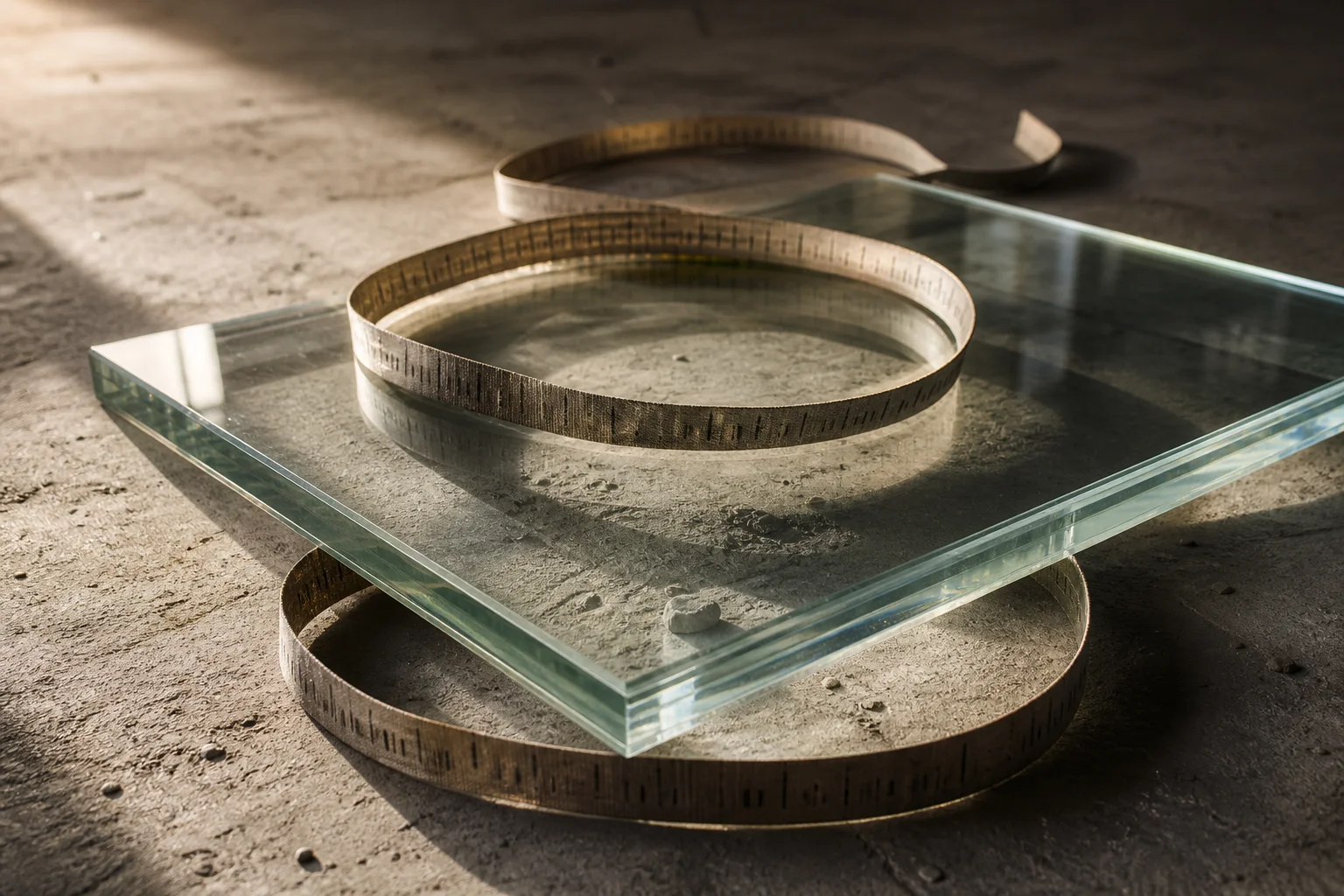 Glass sheet and measuring tape on concrete surface
