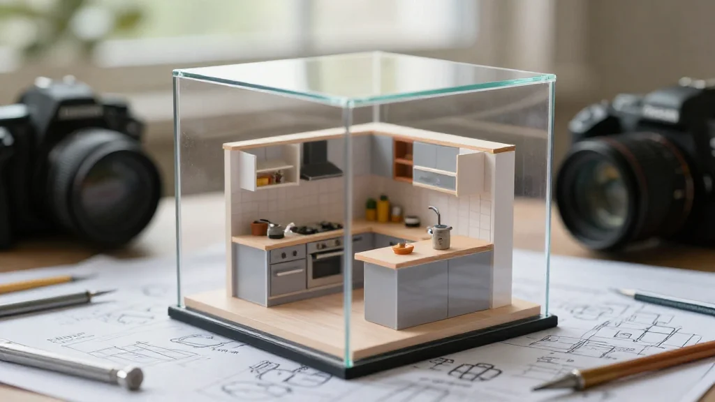 Miniature kitchen build inside a glass case, representing high cost per square foot in small remodels