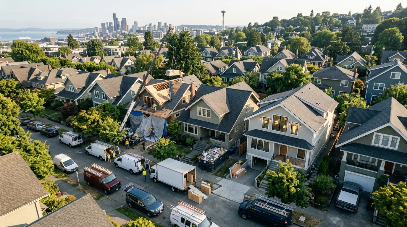 Overhead view of Seattle neighborhood showing multiple concurrent kitchen renovation projects