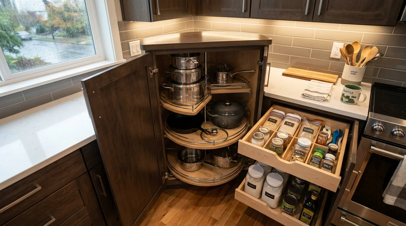 Corner cabinets in a small kitchen using lazy Susans and pull-out drawers to maximize storage.